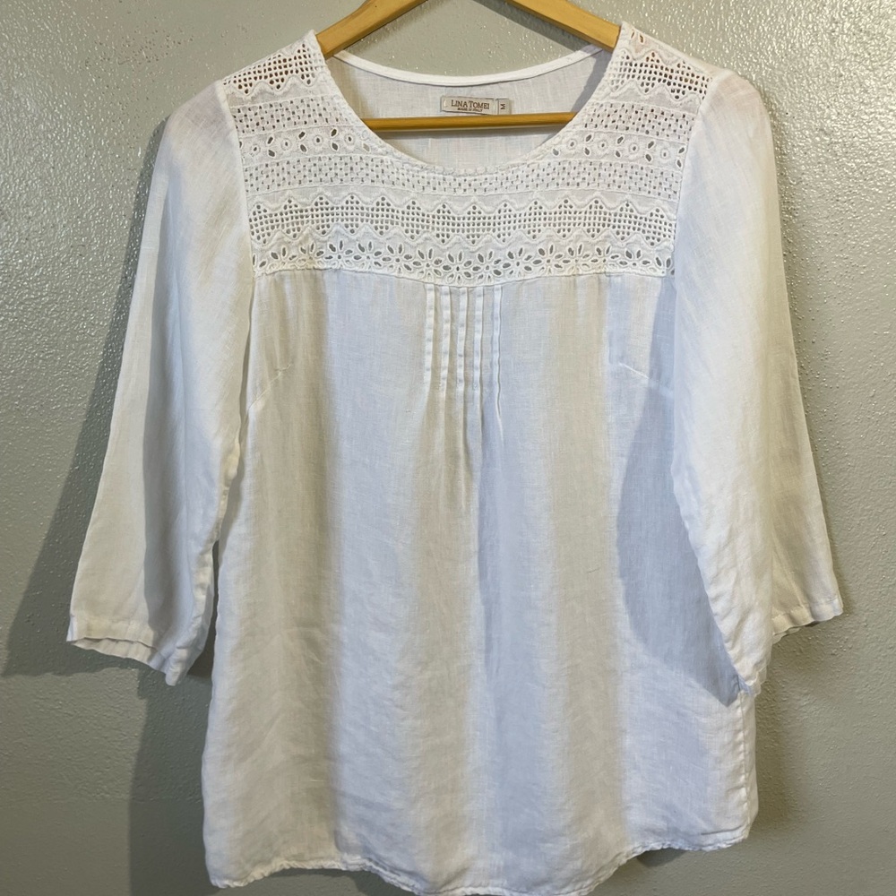 Lina Tomei Linen Blend Lace Yoke Peasant Blouse White Pleated Medium Boho Shirt